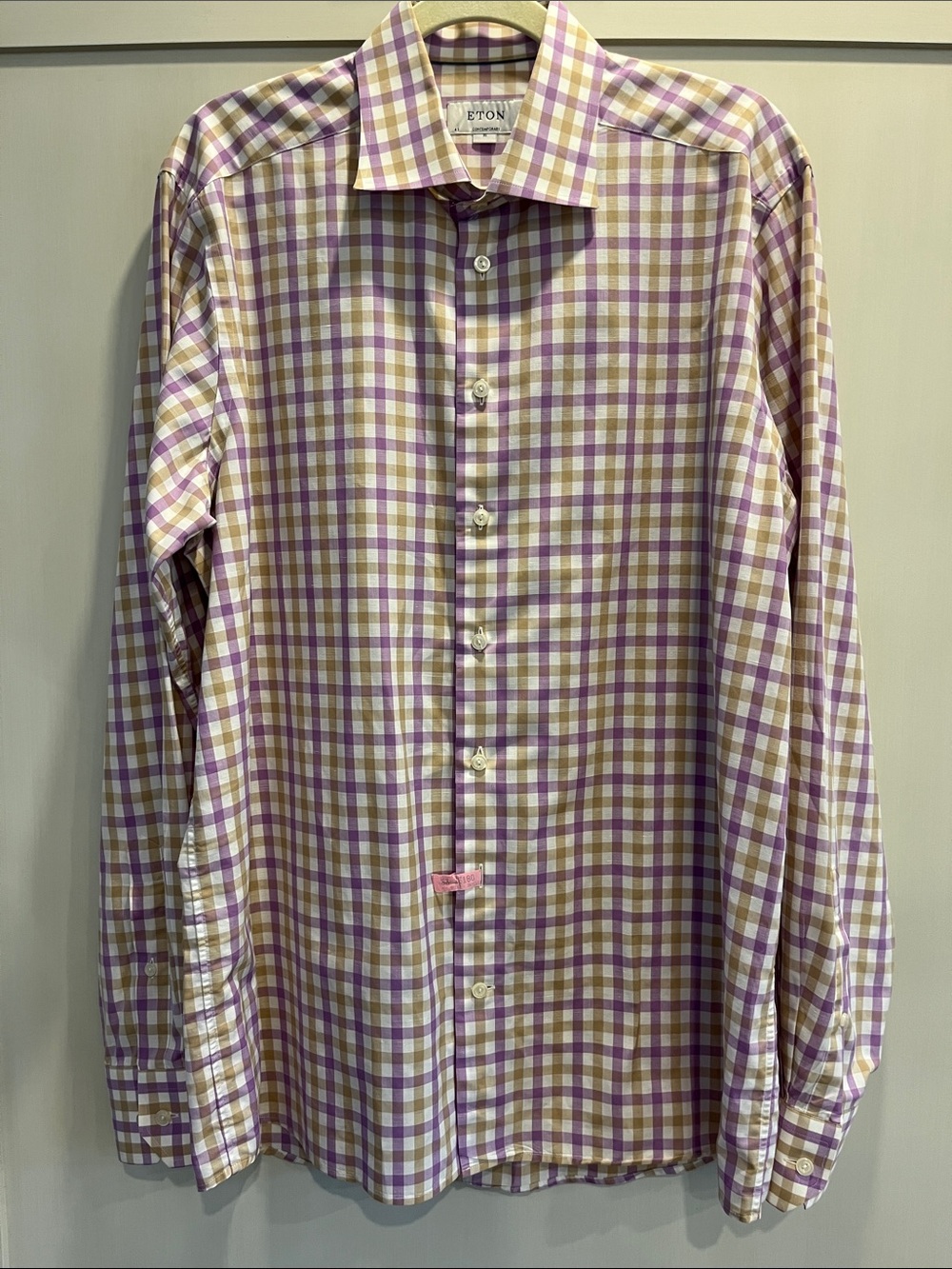 Eton Lavender Tan and White Check Cotton Linen blend Dress Shirt